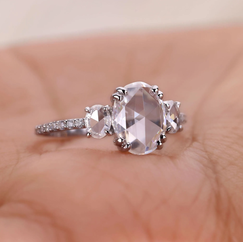 10K White Gold Oval Rose Cut Diamond Three Stone Pavé Engagement Ring D Color VVS-VS Clarity IGI Certified-3