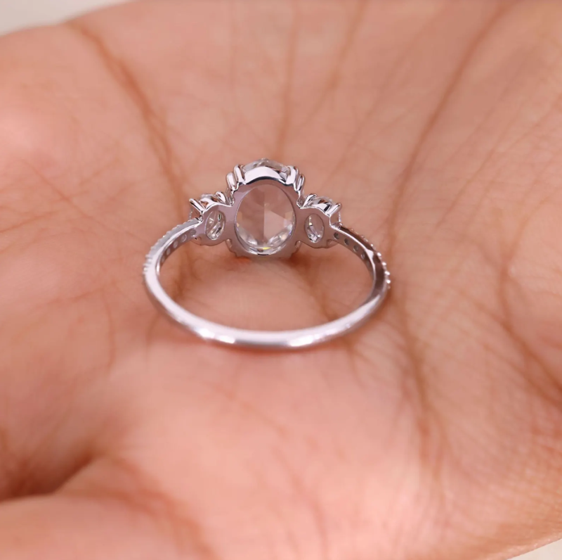 10K White Gold Oval Rose Cut Diamond Three Stone Pavé Engagement Ring D Color VVS-VS Clarity IGI Certified-4