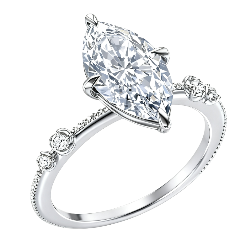 Anillo de compromiso personalizado de oro blanco de 14 quilates con diamante cultivado en laboratorio de talla marquesa.-1