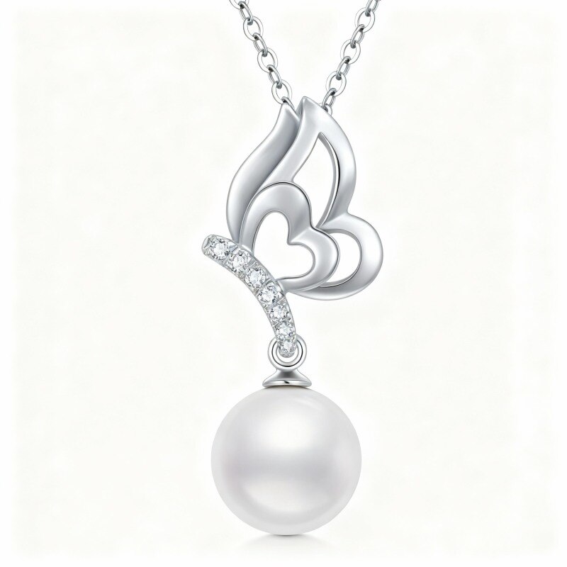 Collar de perlas de corte redondo de 16 pulgadas con baño de oro blanco y extensor de 1 pulgada en platino.-1