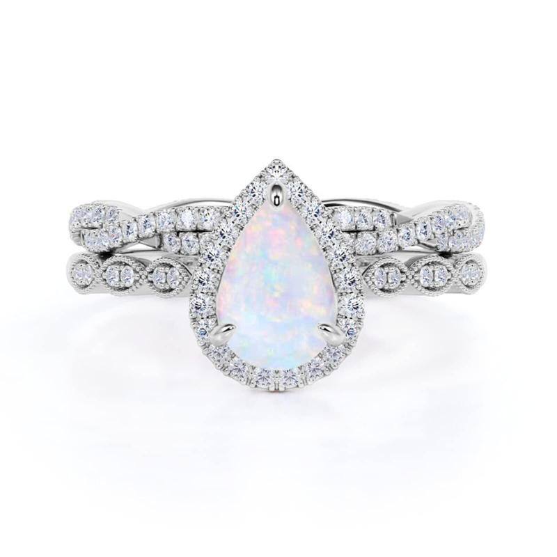 Ensemble de mariage en platine plaqué or blanc, 1,75 CTW, moissanite et opale-1