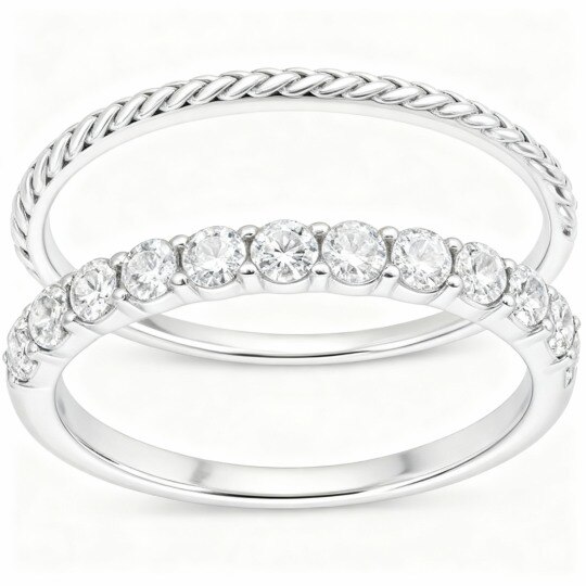 Pierścionek z białego złota 10K z okrągłymi diamentami o masie 1/8 ct, z możliwością łączenia, kolor I, czystość I3, 3EX