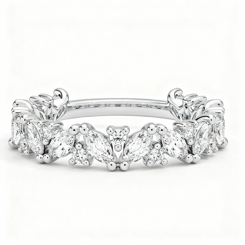 Anillo de boda de oro blanco de 9 quilates con diamante de laboratorio de 1 quilate, talla redonda y talla marquesa, grabado personalizado, color D, claridad VVS1, 3EX.-14
