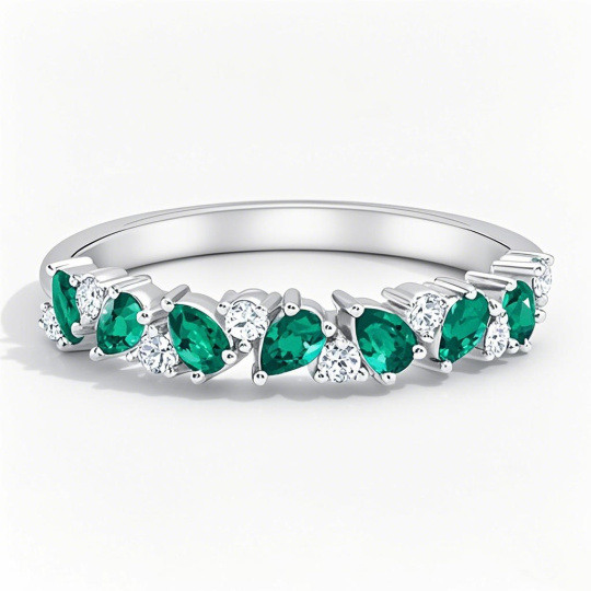 10K White Gold 1 CTW Round Cut Diamond & Pear Cut Artificial Emerald Custom Wedding Ring