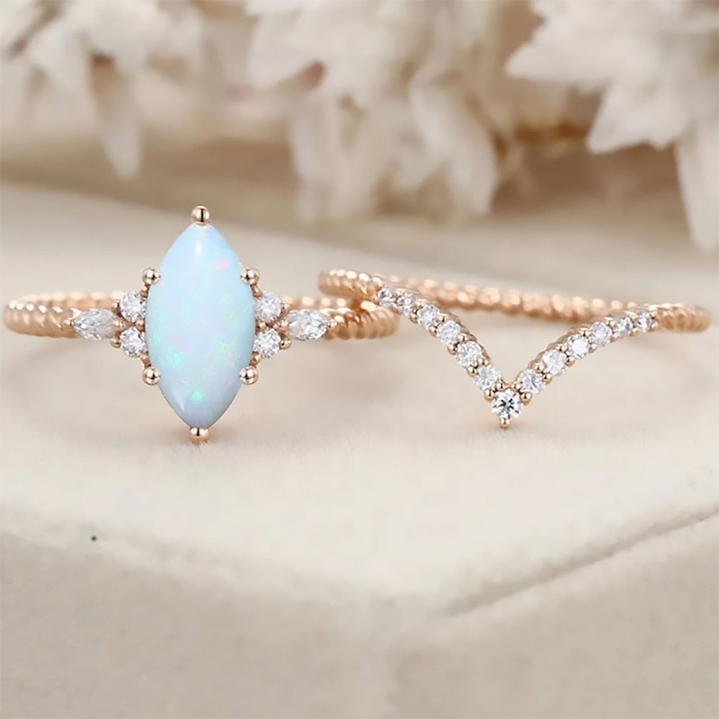 Ensemble nuptial en or rose 10K de 1 à 6 CT avec opale-4