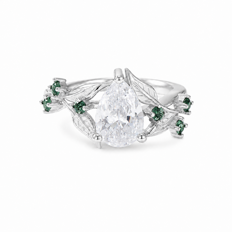 Sterling Silver 1 to 6 CT Pear Cut Moissanite Leaves Nature Inspired Engagement Ring-2