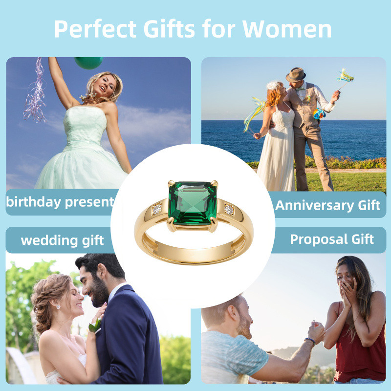 Bague de fiançailles en or rose 10K avec émeraude artificielle taille princesse de 1 à 6 ct-4