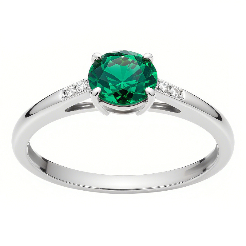 Bague de fiançailles en platine plaqué or blanc, avec émeraude artificielle taillée ronde de 1 à 6 CT-1