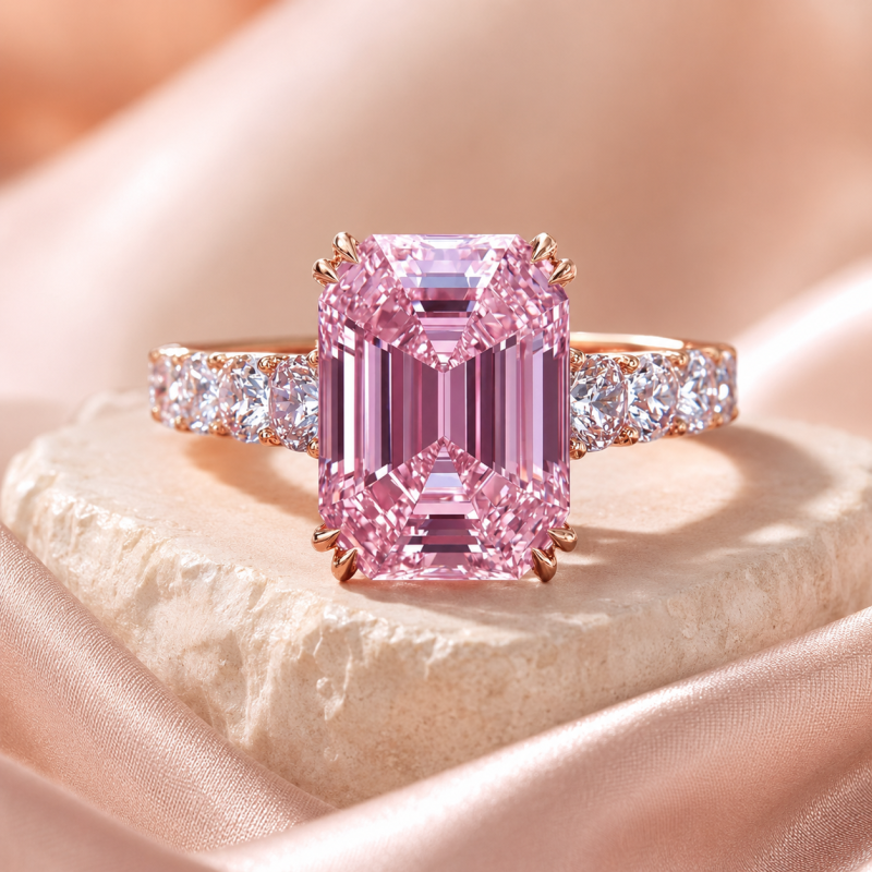 Anillo de compromiso para parejas con moissanita talla esmeralda de 2,5 quilates en oro blanco de 10 quilates y piedra lateral.-4