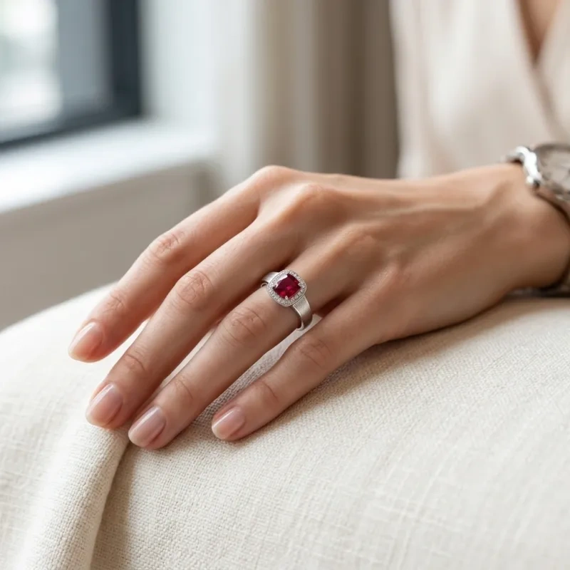 Pierścionek zaręczynowy z 10-karatowego białego złota z rubinem w szlifie poduszkowym i diamentami hodowanymi laboratoryjnie w kształcie halo-2