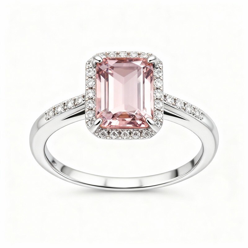 Anillo de compromiso personalizado en oro blanco de 10 quilates con diamante sintético talla esmeralda de 2 quilates y morganita. Color D, claridad VVS1-VS1, pureza 3EX.-20