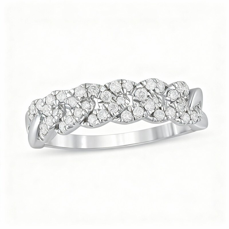 Anillo apilable personalizado de oro blanco de 10 quilates con diamante de talla redonda de 3/8 quilates, color I, claridad I3, pureza 3EX.-10