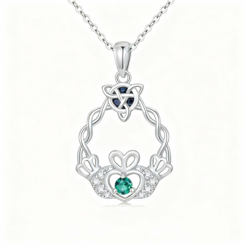 Collier pendentif en or blanc 9 carats, nacre d'ormeau et zircon cubique, motif nœud celtique et Claddagh-1