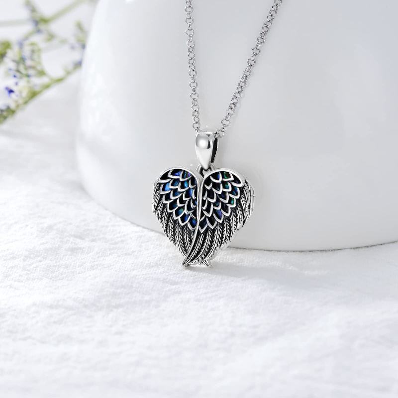 Sterling Silver Angel Wing Heart Abalone Shellfish Personalized Engraving Photo Locket Necklace-2