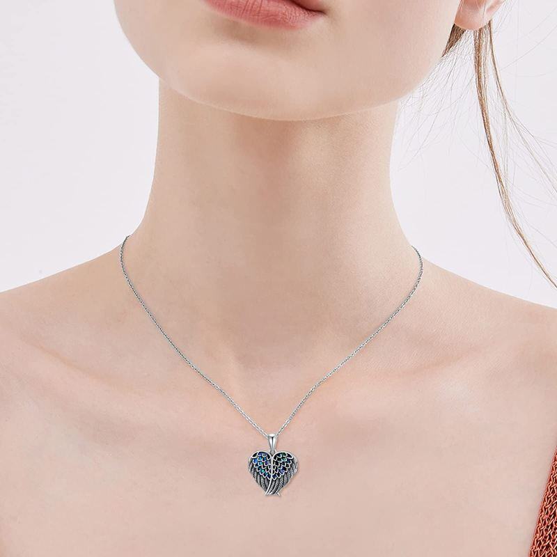 Sterling Silver Angel Wing Heart Abalone Shellfish Personalized Engraving Photo Locket Necklace-3