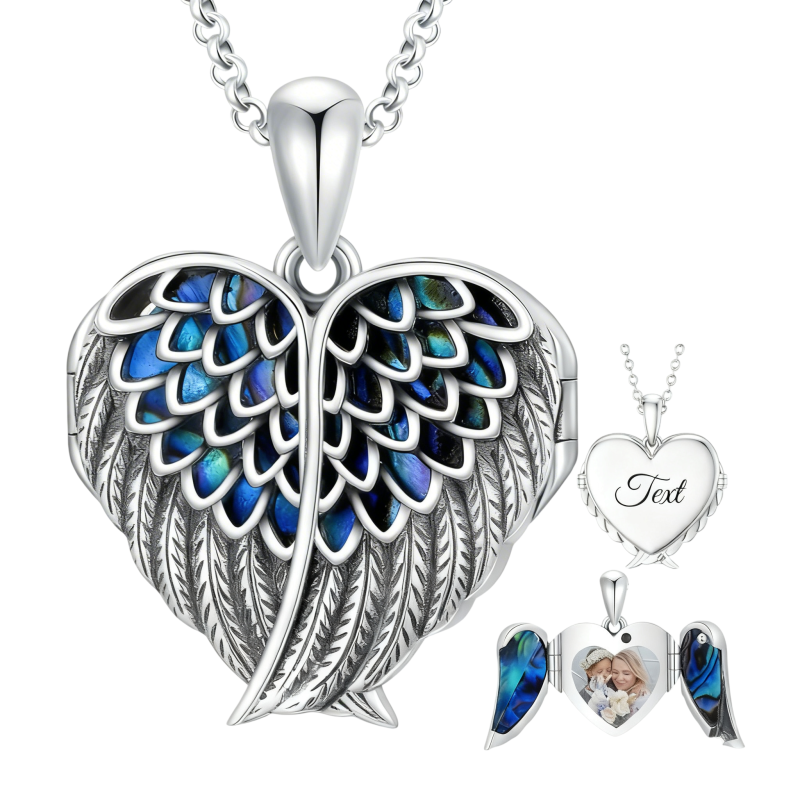 Collar con medallón personalizado de platino con baño de oro blanco, abulón, grabado personalizado, foto personalizada, alas de ángel y corazón.-11