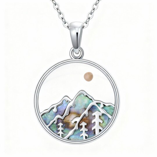 Collier pendentif en or blanc 10 carats, nacre d'ormeau, coquillages, montagnes et soleil
