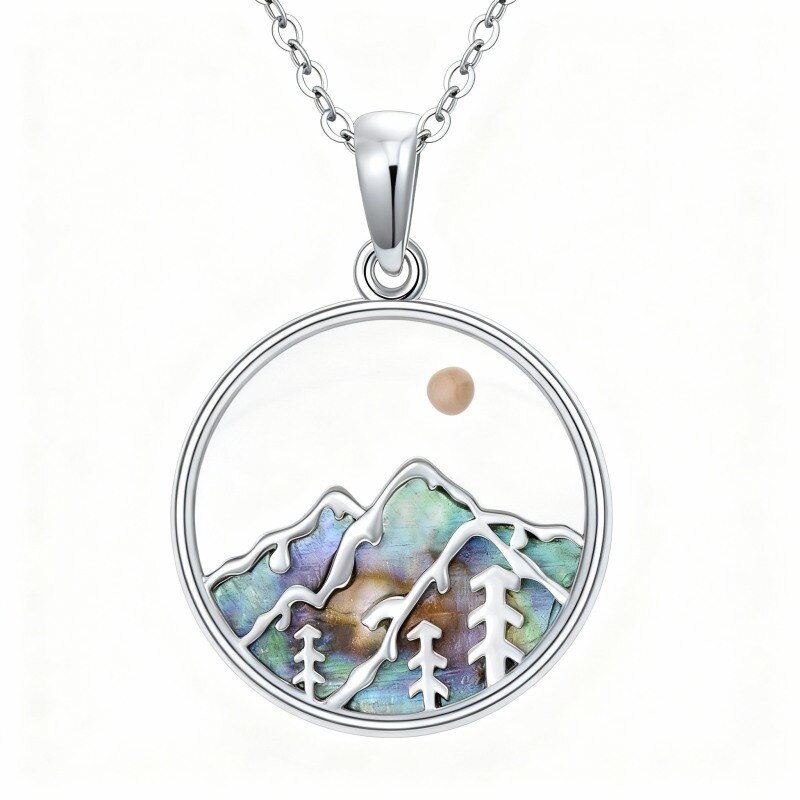 Collier pendentif en or blanc 10 carats, nacre d'ormeau, coquillages, montagnes et soleil-14