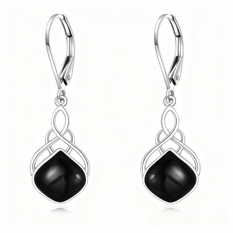 10K White Gold Agate Celtic Knot & Drop Shape Lever-back Earrings-16