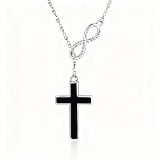 10K White Gold Agate Cross & Infinity Symbol Pendant Necklace