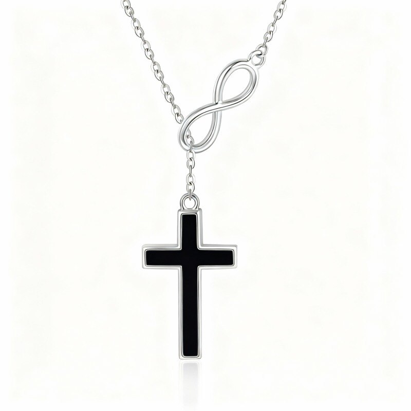 Colar com pendente de cruz e símbolo do infinito em ágata e ouro branco 10K-15