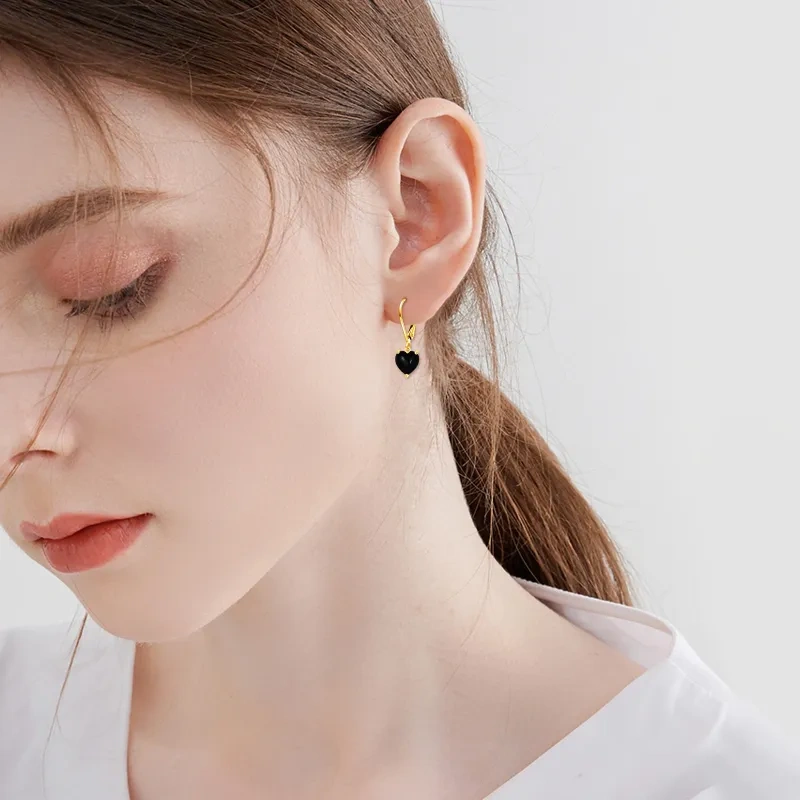 10K Yellow Gold Black Agate Heart Lever-back Earrings-2