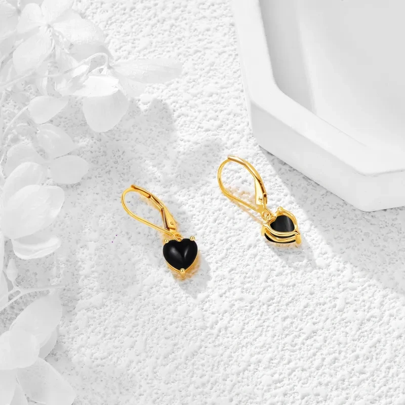 10K Yellow Gold Black Agate Heart Lever-back Earrings-3