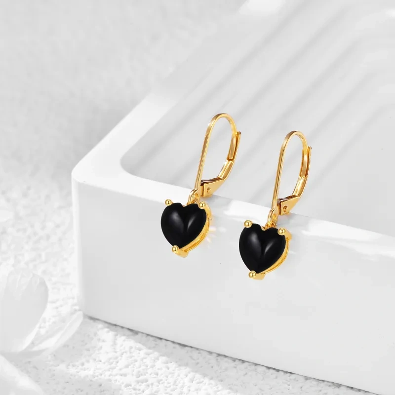 10K Yellow Gold Black Agate Heart Lever-back Earrings-4