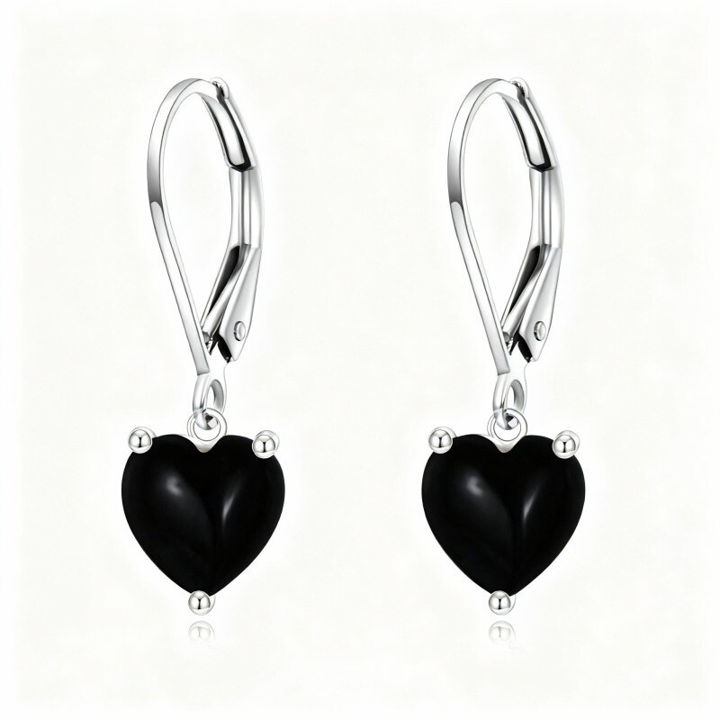 Boucles d'oreilles à fermoir à levier en forme de cœur, or blanc 18 carats et agate-1