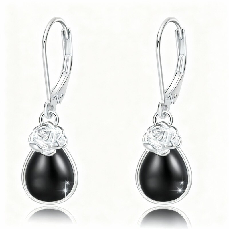 14K White Gold Agate Rose & Drop Shape Lever-back Earrings-1