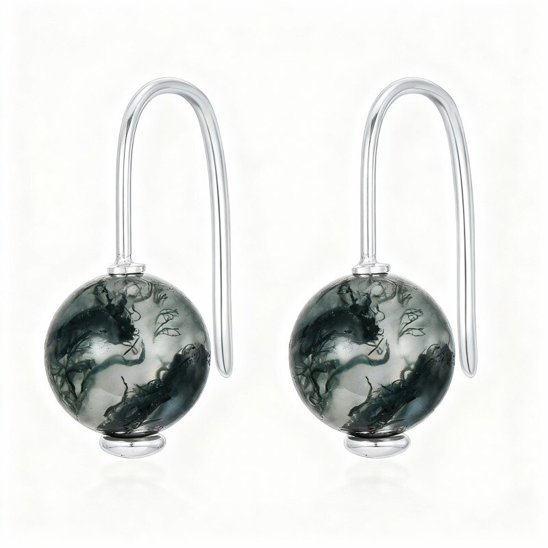 Boucles d'oreilles pendantes rondes en or blanc 9 carats et agate-1