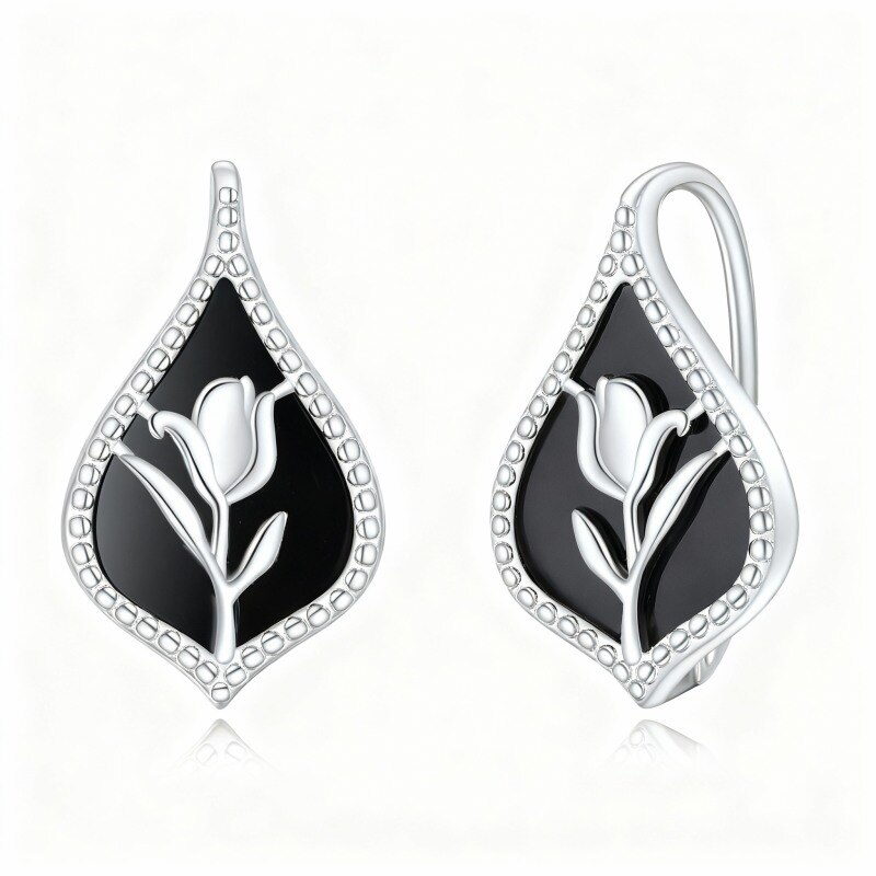 Tulpenohrringe aus 10-karätigem Weißgold mit Achat-Motiv und Klappverschluss-5