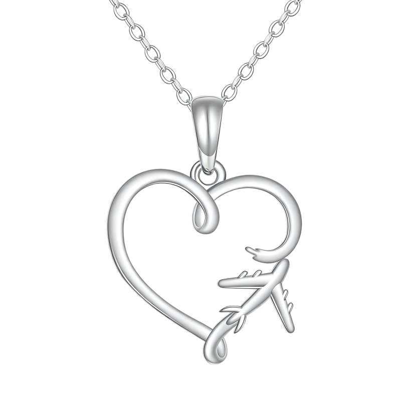 Collar con colgante de avión y corazón en oro blanco de 10 quilates-1