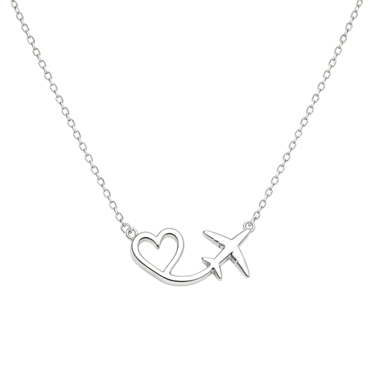 Ketting met hanger in de vorm van een vliegtuigje en een hartje van 10 karaats witgoud.