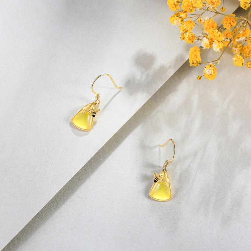 Pendientes colgantes de abeja y triángulo de ámbar con baño de oro blanco y platino-3