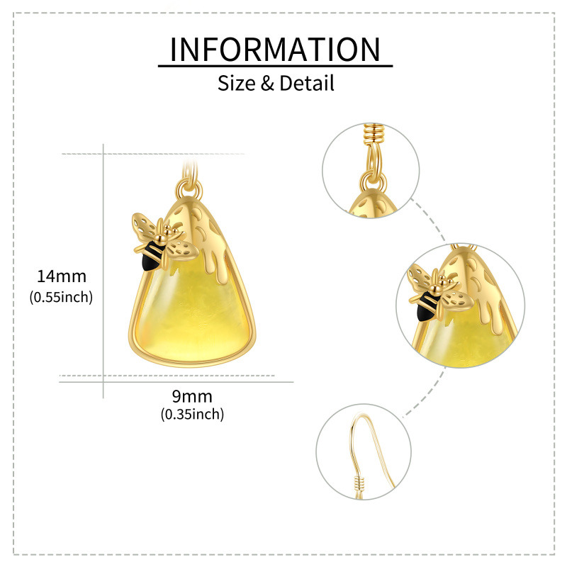 Pendientes colgantes de abeja y triángulo de ámbar con baño de oro blanco y platino-5