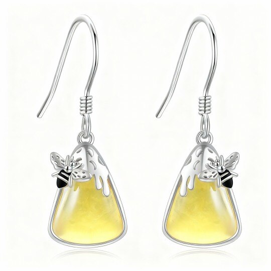 10K White Gold Amber Bee & Triangle Drop Earrings