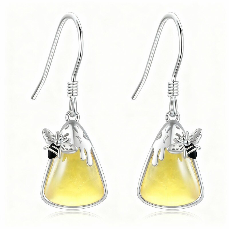 Pendientes colgantes de abeja y triángulo de ámbar con baño de oro blanco y platino-1