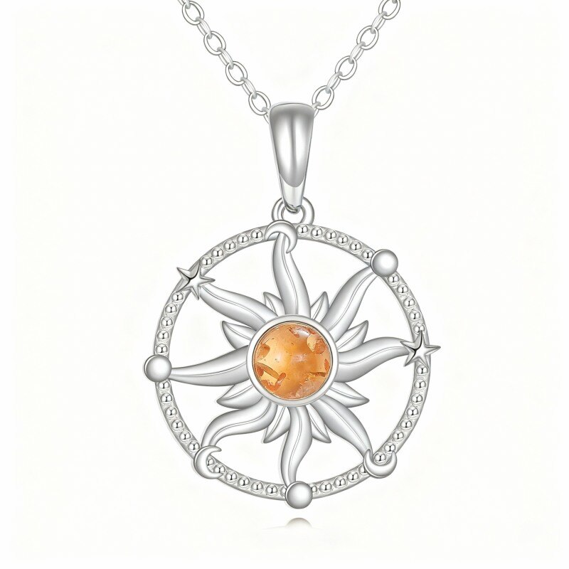 Collier pendentif soleil en or blanc 10 carats et ambre-1