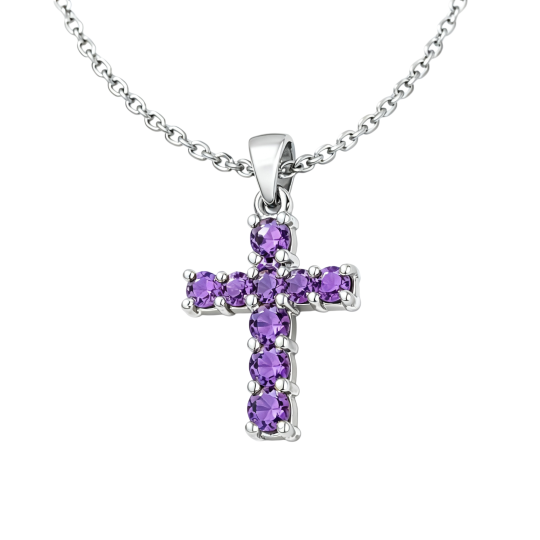 10K White Gold Amethyst Cross Pendant Necklace