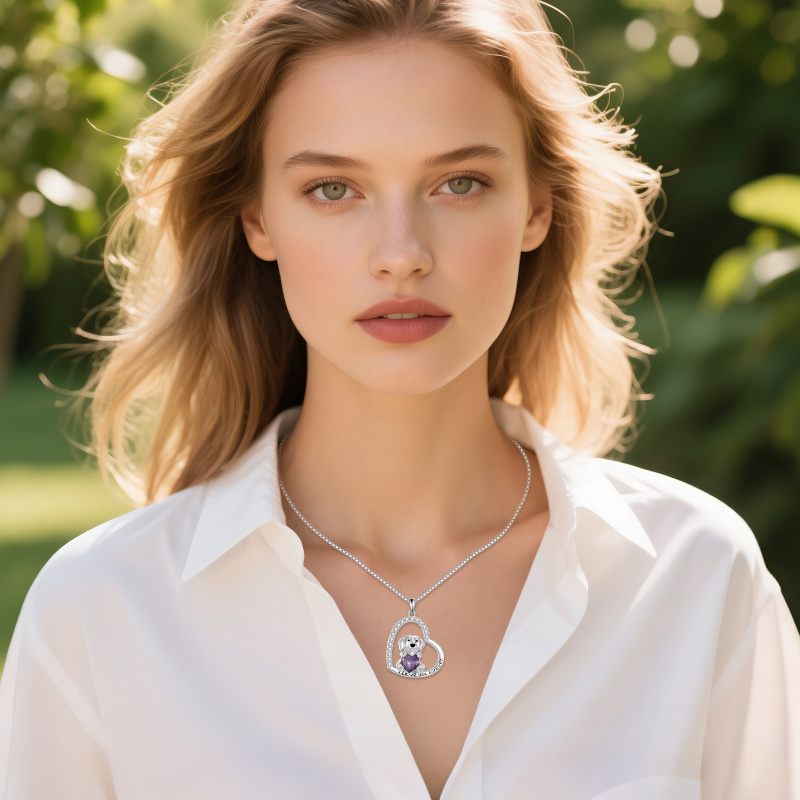 Collier pendentif en or blanc 14 carats avec améthyste, chien et cœur-2