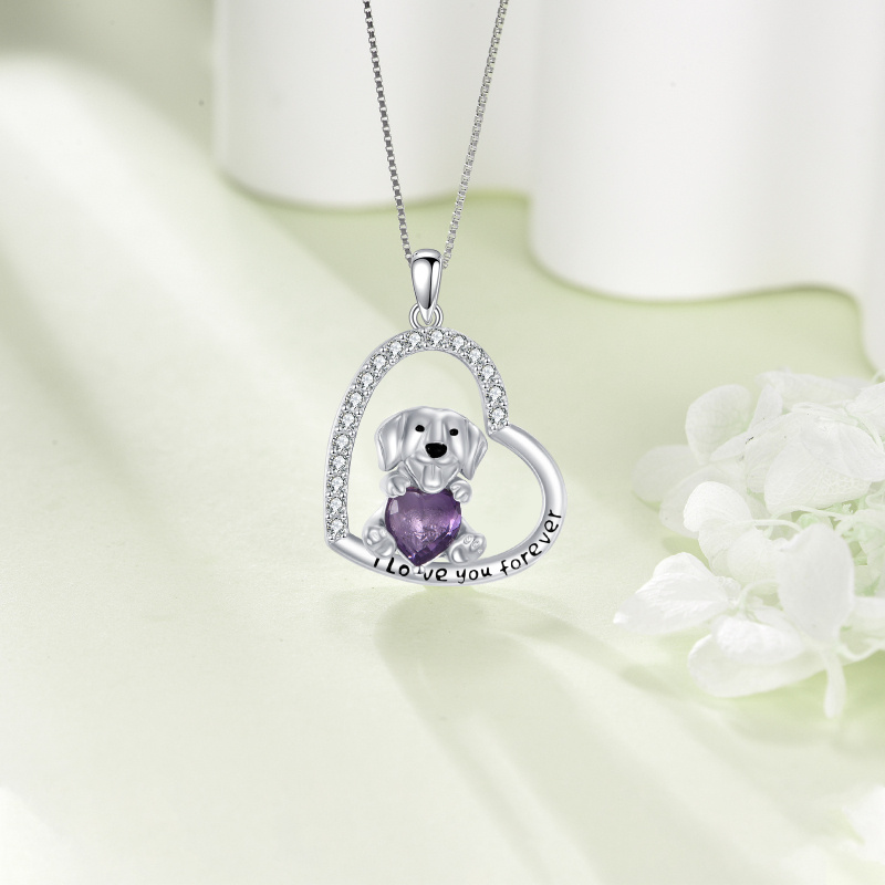 Collier pendentif en or blanc 14 carats avec améthyste, chien et cœur-3