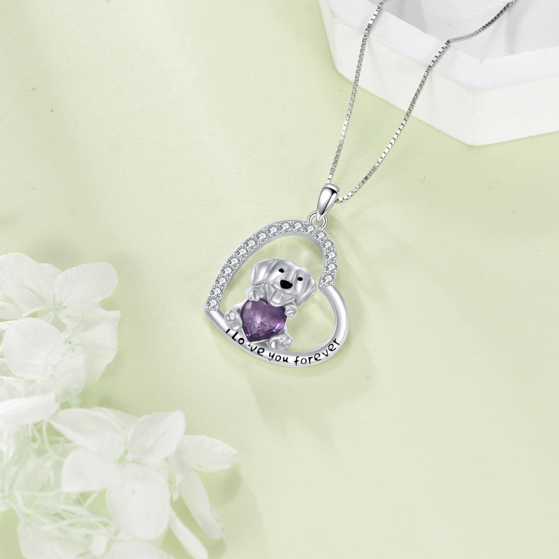 Collier pendentif en or blanc 14 carats avec améthyste, chien et cœur-4
