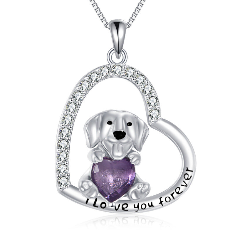 Collier pendentif chien et cœur en platine plaqué or blanc et améthyste-1