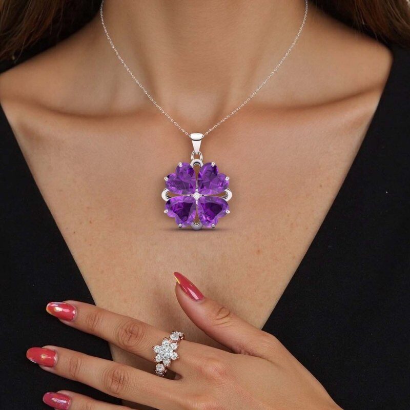 14K White Gold Amethyst Four Leaf Clover Mother & Daughter Sisters Necklace-2