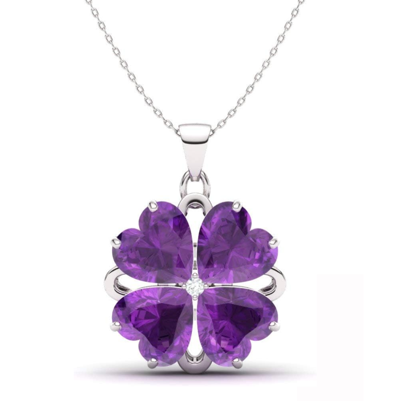 Platinum with White Gold Plated Amethyst & Moissanite Four Leaf Clover & Mother & Daughter & Sisters Pendant Necklace-1