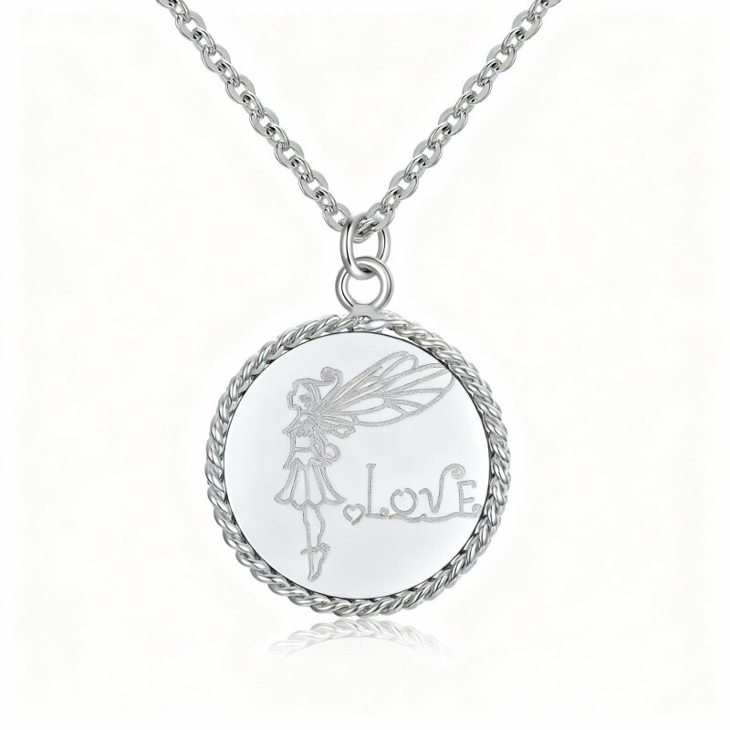 Collier en or blanc 18 carats avec aile d'ange et pièce de fée, et inscription gravée.-1