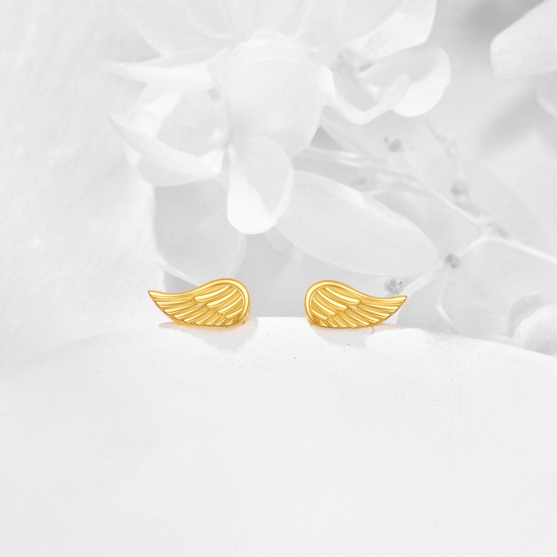 Pendientes de botón con forma de ala de ángel de oro de 10 quilates-3