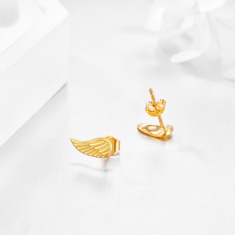 Pendientes de botón con forma de ala de ángel de oro de 10 quilates-4