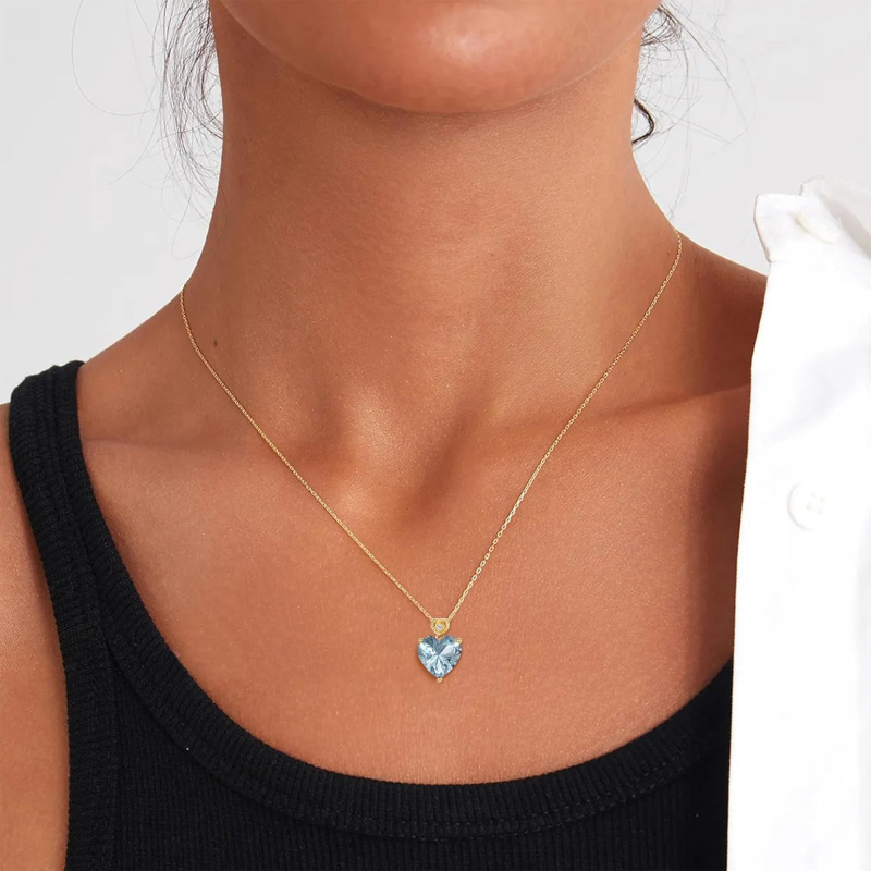10K Gold Aquamarine Rose Heart Pendant Necklace Gemstone Necklaces-2